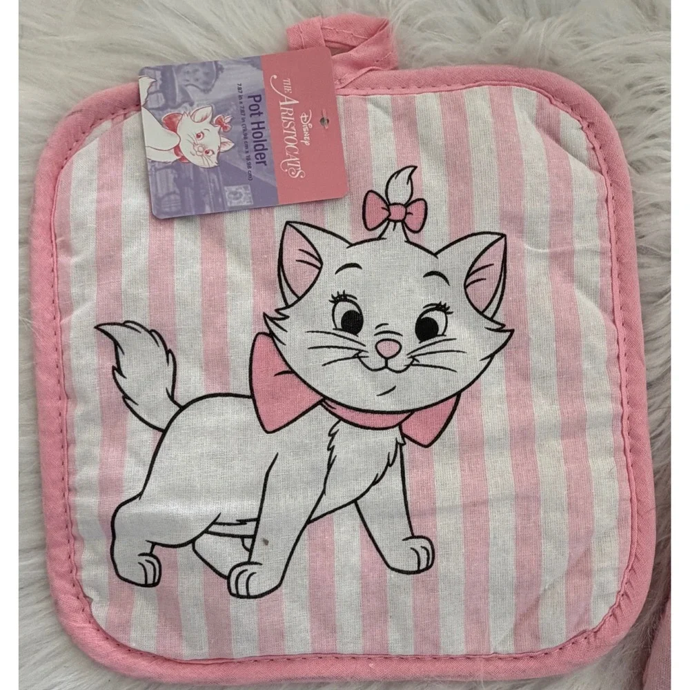 Disney The Aristocats Marie Oven Mitt and Pot Holder Set Pink White Striped NEW